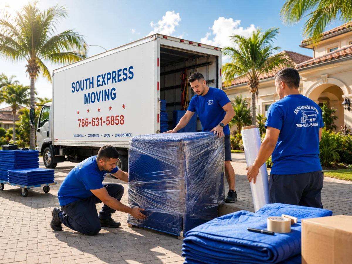 Visual ilustrativo de South Express Moving mostrando protección profesional de muebles en Miami